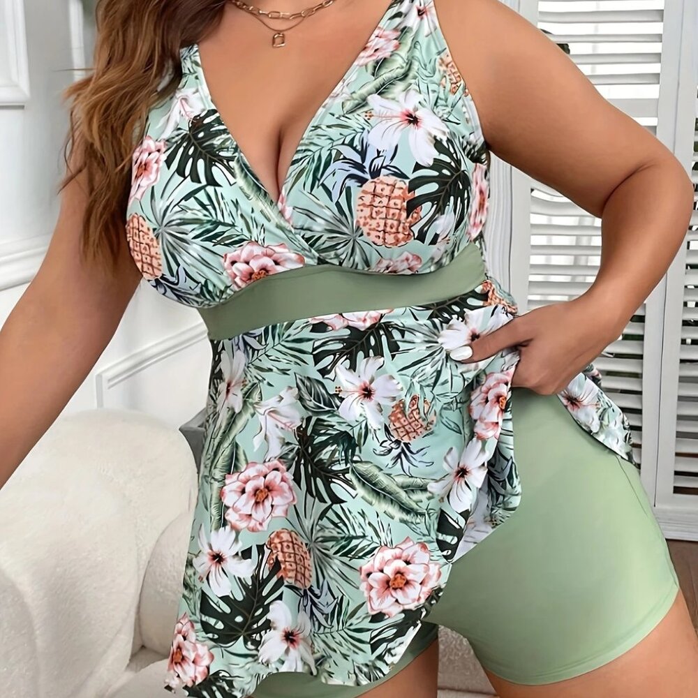 Women's Vacay Tankini Set, Tropical Print Neck Top & Boxer Short Bottom.3XL (18)